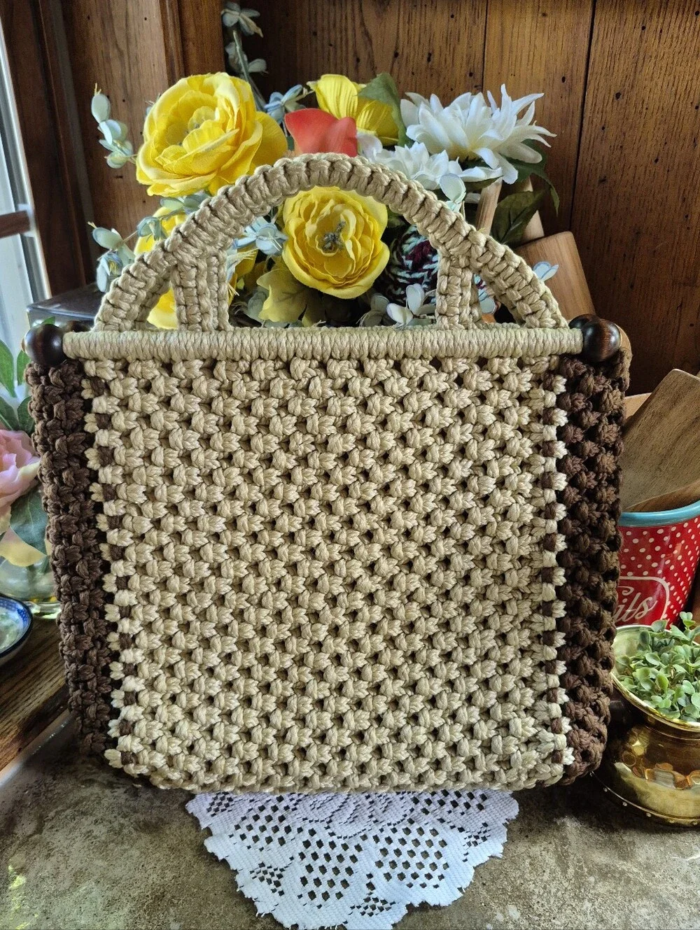 Vintage New Handmade Macramé Tan & Brown Large Tote Bag Wood Side Bead Handles